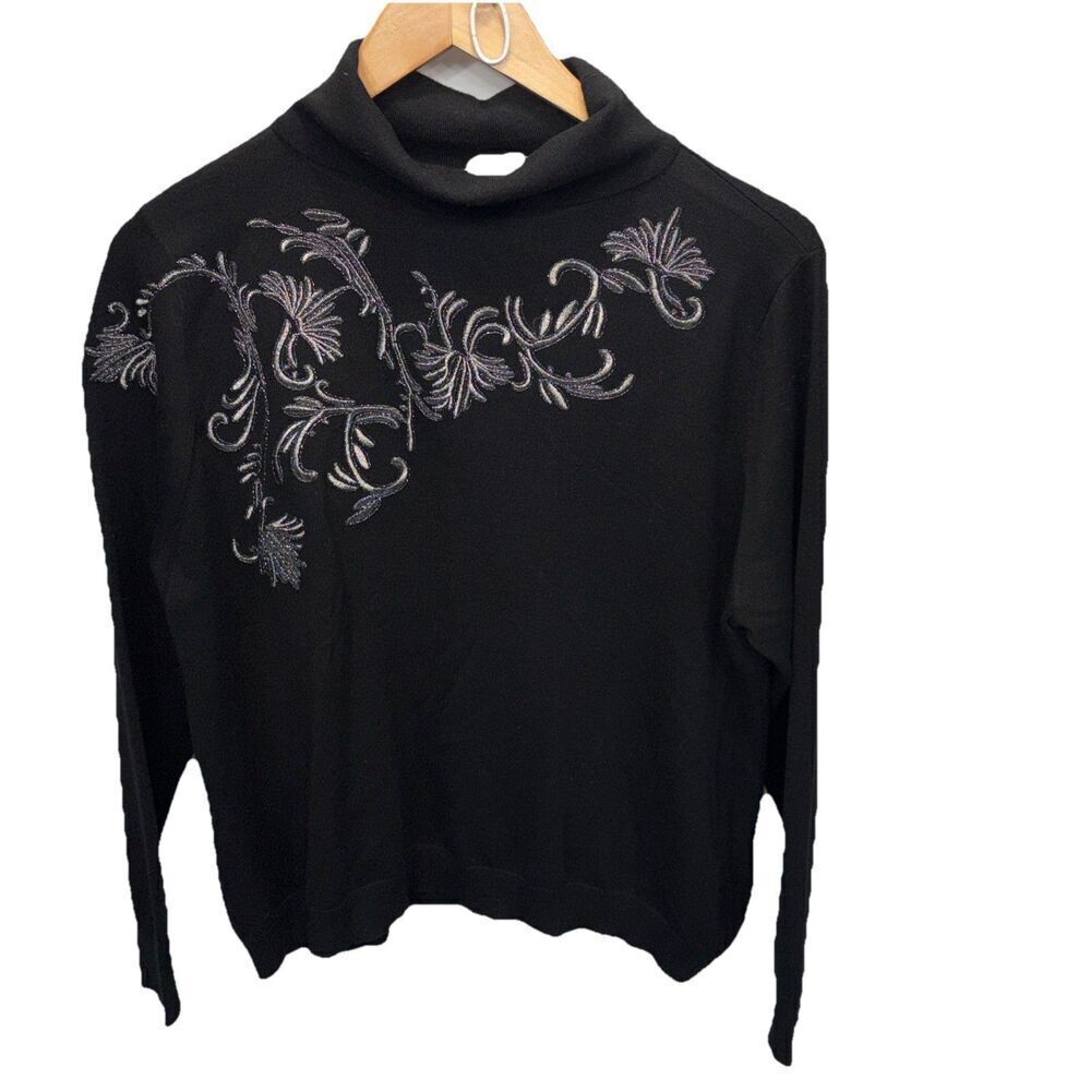 Soft Surroundings Genevieve Black Turtleneck Sweater PXL Silver Chic Embroidery